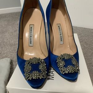 Blue Satin Manolo Blahnik Hangisi Jeweled pump